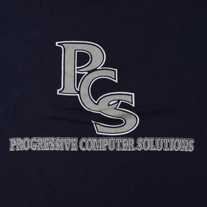 90'S Russell Progressive Computer Solutions Advertising T-Shirt, Made in USA, Men's XL equivalent, Short Sleeve polyester navy blue type Vintage Second Hand