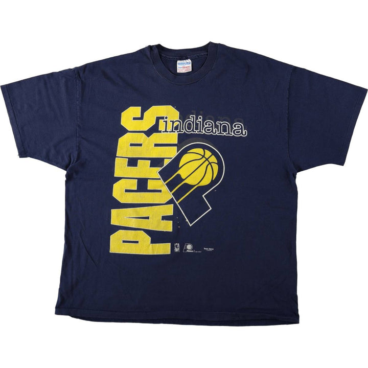 90'S Hanes ChampKnit Indiana Pacers sports print t-shirt, made in USA, men's size XXL equivalent, vintage. cotton navy blue type Vintage Second Hand