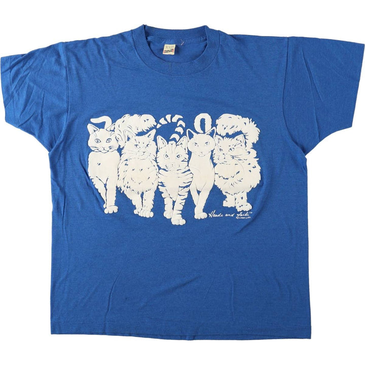 80'S Screen Stars Cat Pattern Animal T-Shirt, Made in USA, Men's XL equivalent, Vintage cotton blue type Vintage Second Hand