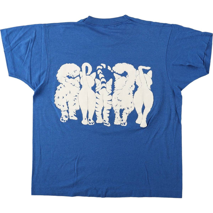 80'S Screen Stars Cat Pattern Animal T-Shirt, Made in USA, Men's XL equivalent, Vintage cotton blue type Vintage Second Hand