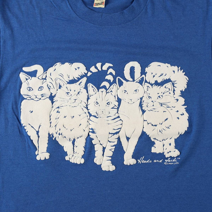 80'S Screen Stars Cat Pattern Animal T-Shirt, Made in USA, Men's XL equivalent, Vintage cotton blue type Vintage Second Hand