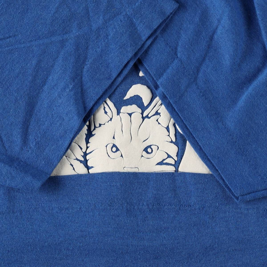 80'S Screen Stars Cat Pattern Animal T-Shirt, Made in USA, Men's XL equivalent, Vintage cotton blue type Vintage Second Hand