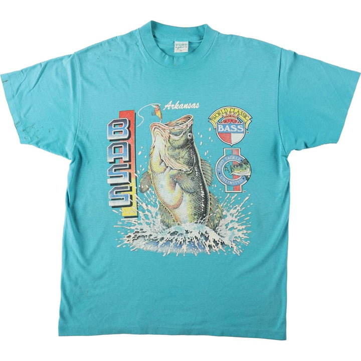 90'S T-Shirts Plus Fish Print Animal T-Shirt, Made in USA, Men's XL equivalent, Vintage cotton turquoise blue Vintage Second Hand