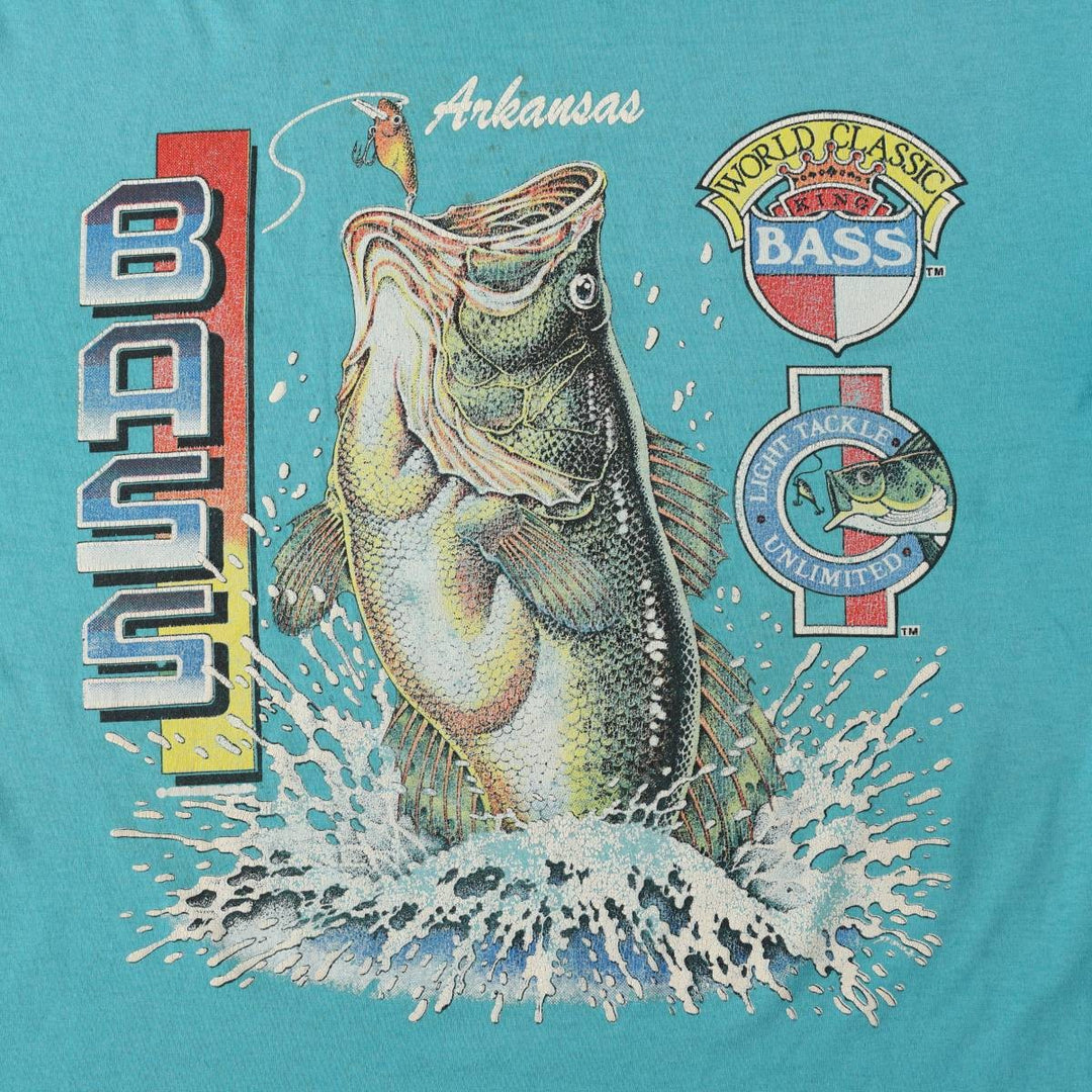 90'S T-Shirts Plus Fish Print Animal T-Shirt, Made in USA, Men's XL equivalent, Vintage cotton turquoise blue Vintage Second Hand