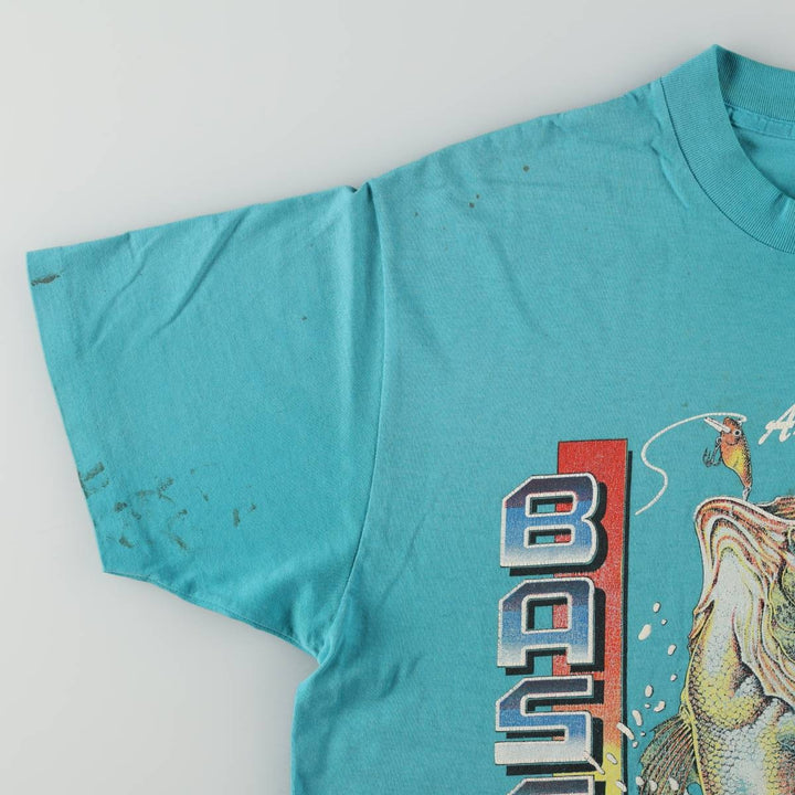 90'S T-Shirts Plus Fish Print Animal T-Shirt, Made in USA, Men's XL equivalent, Vintage cotton turquoise blue Vintage Second Hand