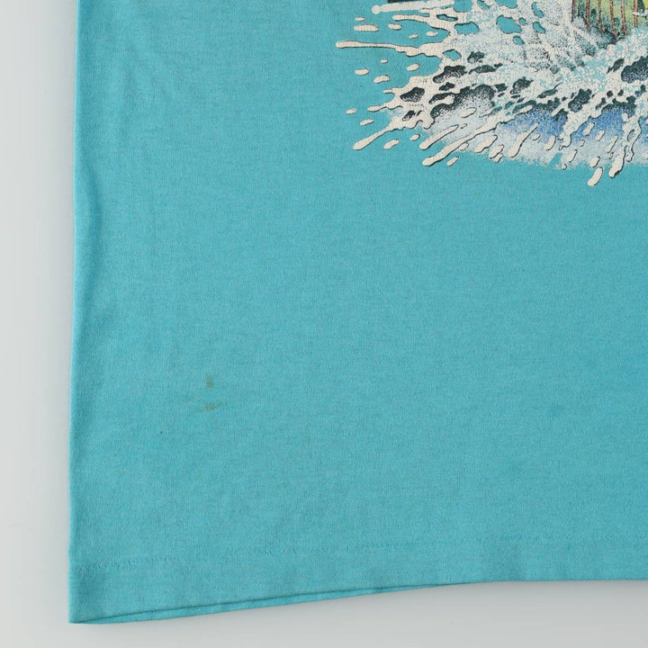 90'S T-Shirts Plus Fish Print Animal T-Shirt, Made in USA, Men's XL equivalent, Vintage cotton turquoise blue Vintage Second Hand