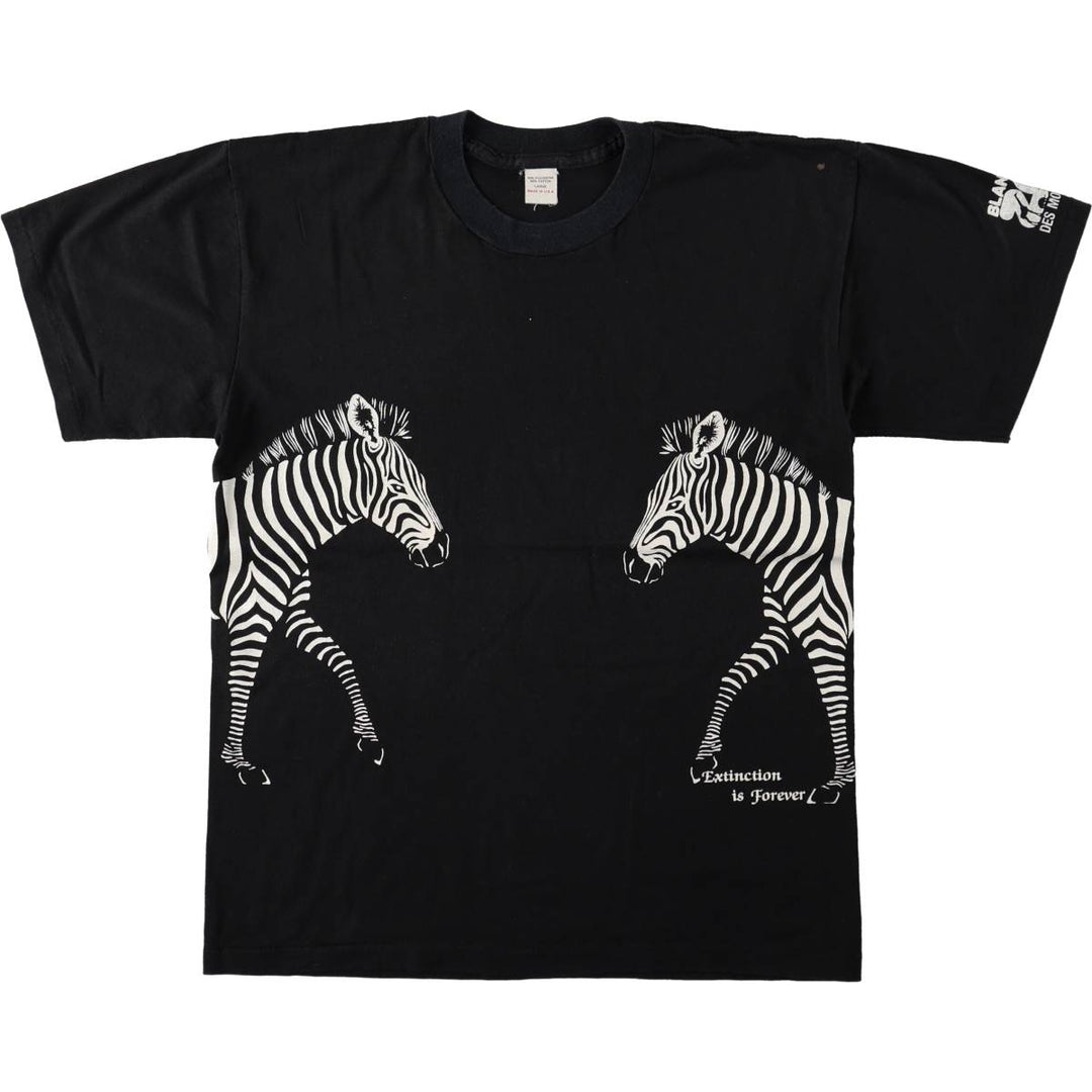 80'S Zebra Pattern Animal T-Shirt, Made in USA, Men's Size L (Equivalent), Vintage polyester black type Vintage Second Hand