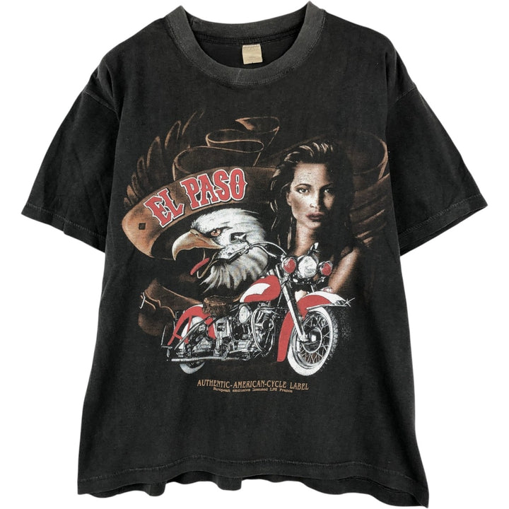 CROSS STAR Pin-up Girl Eagle Pattern Motorcycle T-Shirt (Men's Size L) cotton black type Vintage Second Hand