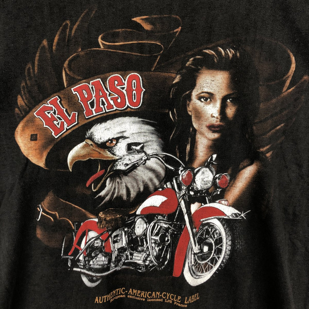 CROSS STAR Pin-up Girl Eagle Pattern Motorcycle T-Shirt (Men's Size L) cotton black type Vintage Second Hand