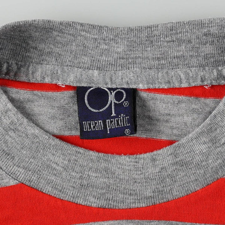 80'S Ocean Pacific striped pattern surf skate t-shirt, men's size XL equivalent, vintage. unclear red type Vintage Second Hand
