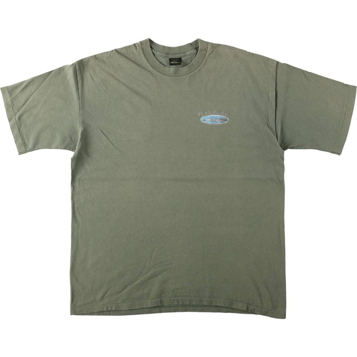 90'S Quiksilver Back Logo Surf Skate T-Shirt, Made in USA, Men's XL (approx.) Vintage cotton Khaki type sage green Vintage Second Hand