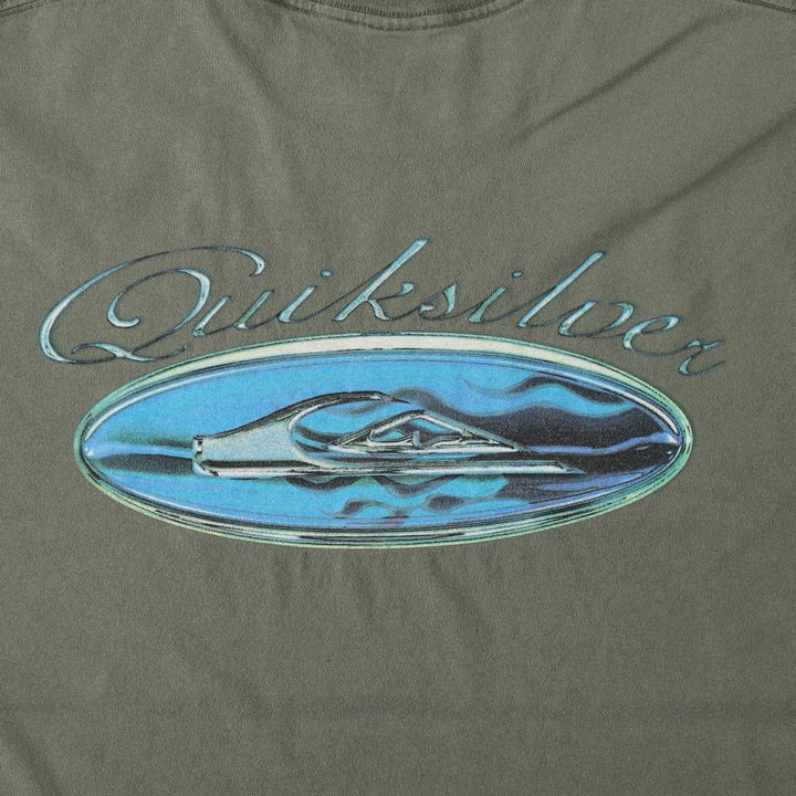 90'S Quiksilver Back Logo Surf Skate T-Shirt, Made in USA, Men's XL (approx.) Vintage cotton Khaki type sage green Vintage Second Hand