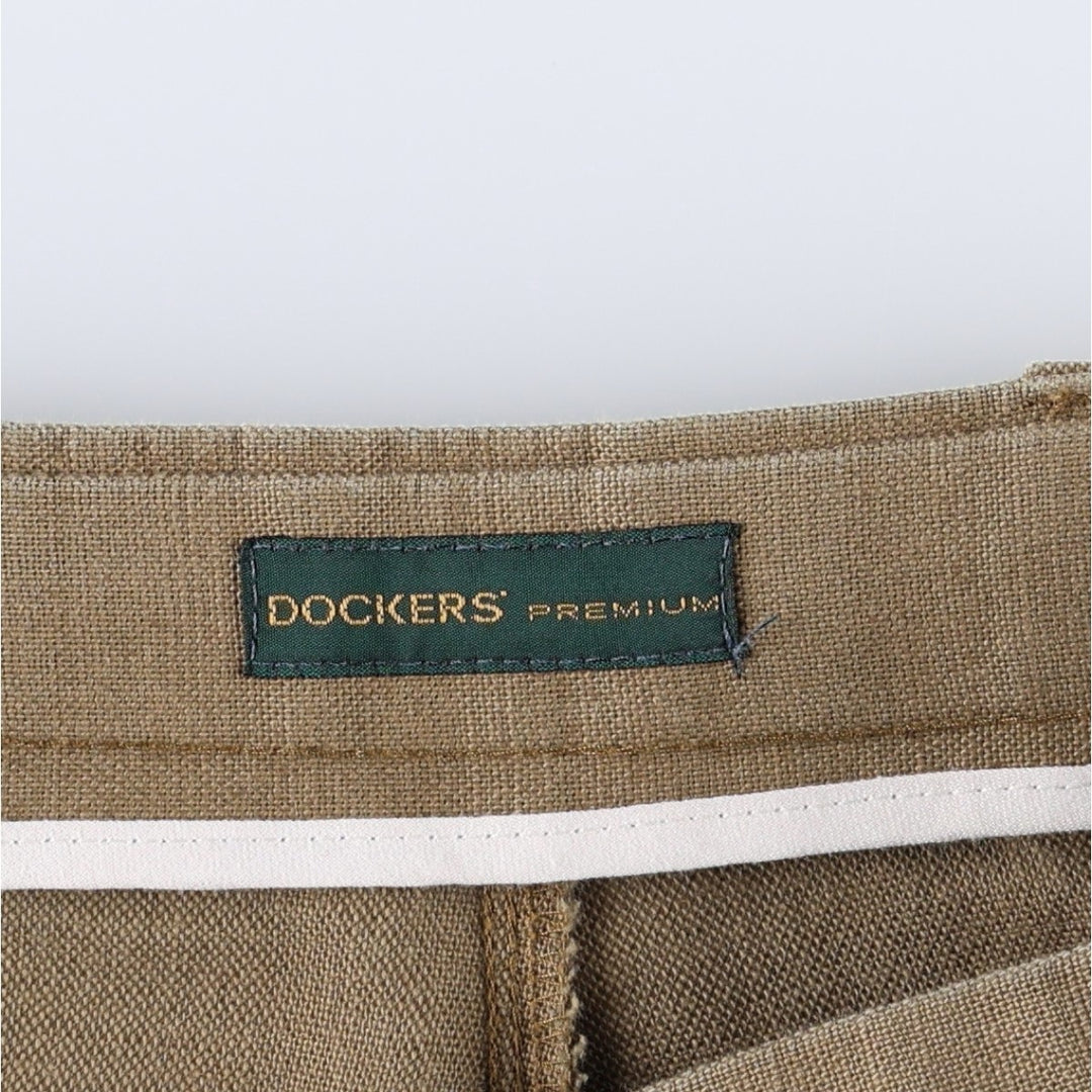 Dockers Premium Three-Pleat Linen Trousers, Men's Size W35 (approx.) linen Khaki type brown Vintage Second Hand