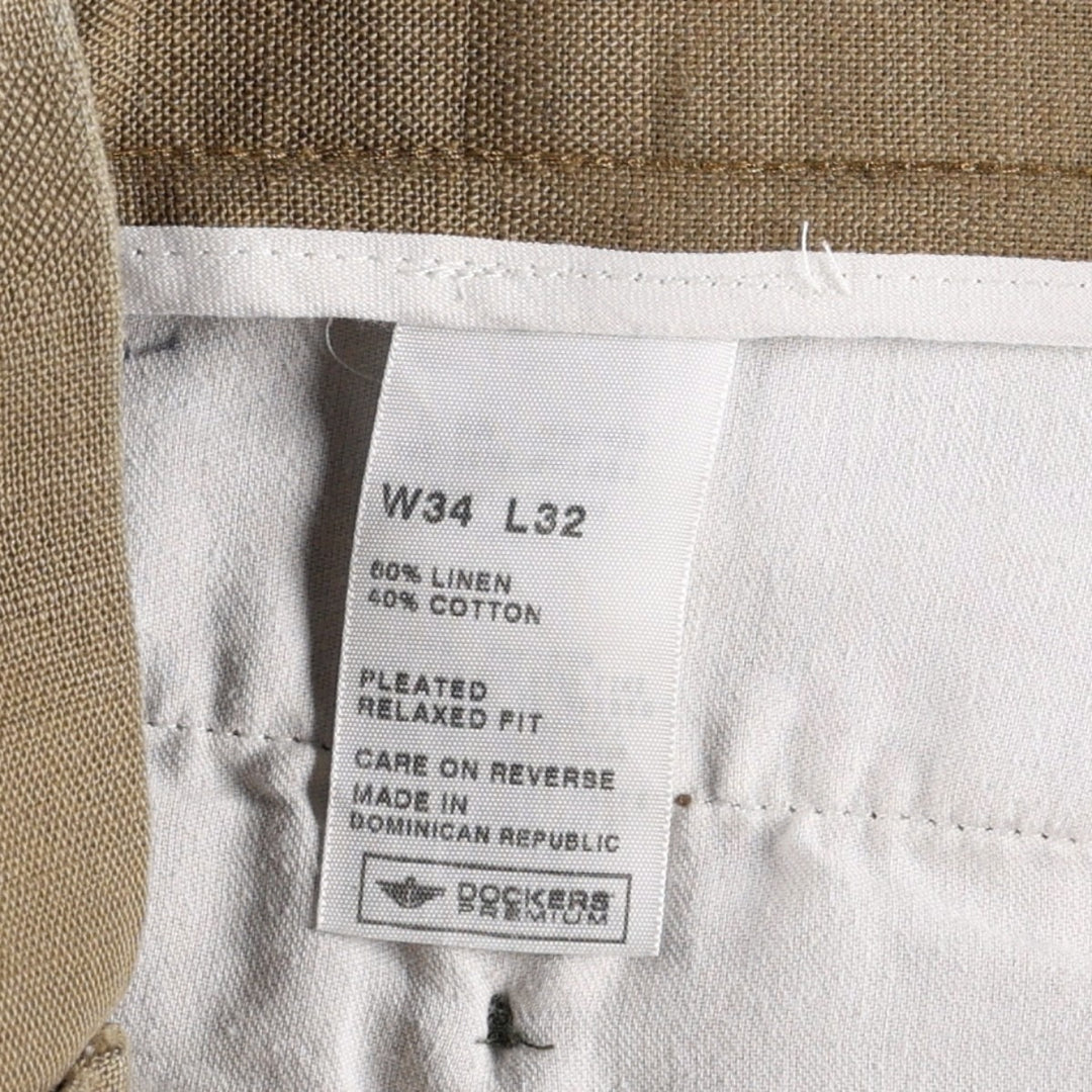 Dockers Premium Three-Pleat Linen Trousers, Men's Size W35 (approx.) linen Khaki type brown Vintage Second Hand