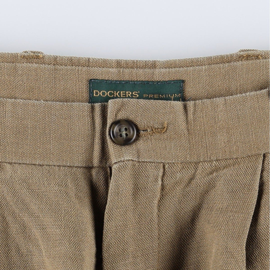 Dockers Premium Three-Pleat Linen Trousers, Men's Size W35 (approx.) linen Khaki type brown Vintage Second Hand
