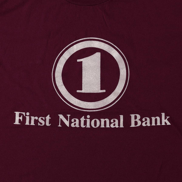 JERSEY'S First National Bank Alaska Advertising T-Shirt, Made in USA, Men's Size L (approx.), Short Sleeve, Vintage cotton wine-red Vintage Second Hand