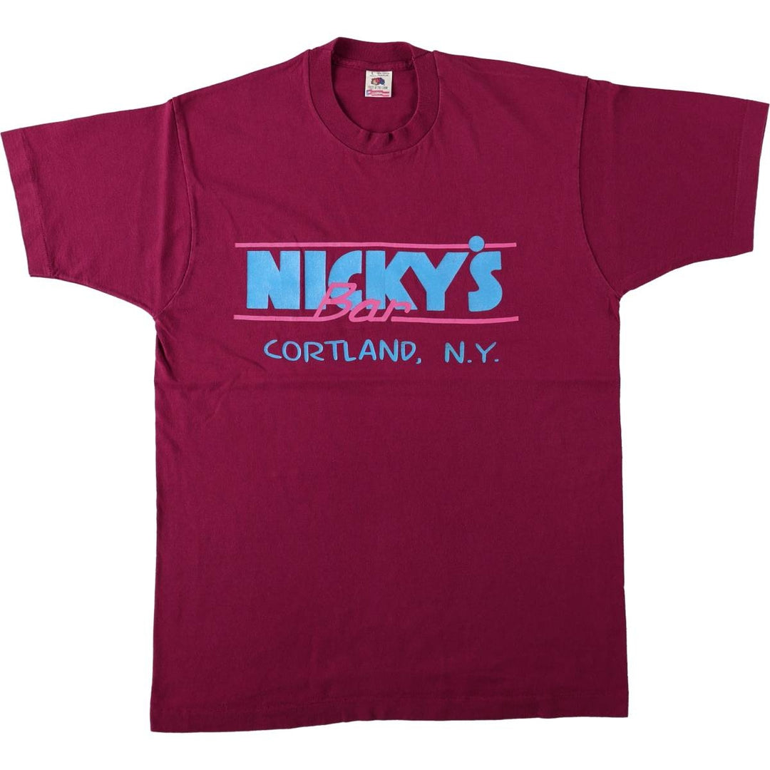 90'S Fruit of the Loom Nicky's Bar advertising T-shirt, Made in USA, Men's size L equivalent, Vintage cotton burgundy type Vintage Second Hand