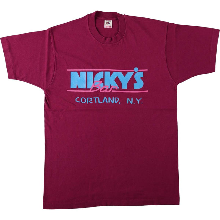 90'S Fruit of the Loom Nicky's Bar advertising T-shirt, Made in USA, Men's size L equivalent, Vintage cotton burgundy type Vintage Second Hand
