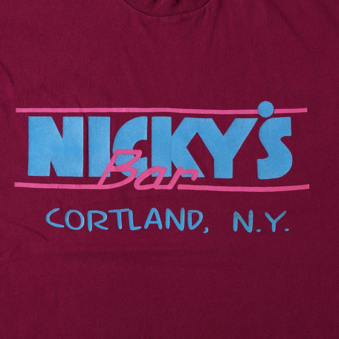 90'S Fruit of the Loom Nicky's Bar advertising T-shirt, Made in USA, Men's size L equivalent, Vintage cotton burgundy type Vintage Second Hand