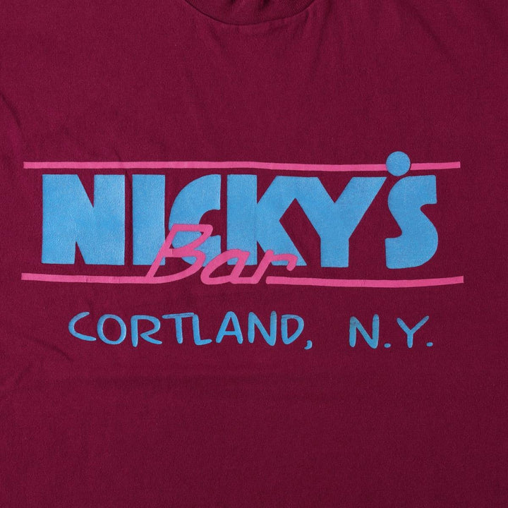 90'S Fruit of the Loom Nicky's Bar advertising T-shirt, Made in USA, Men's size L equivalent, Vintage cotton burgundy type Vintage Second Hand