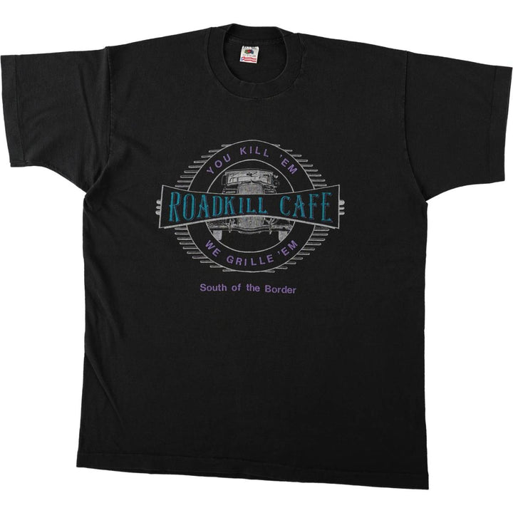 90'S Fruit of the Loom Roadkill Cafe advertising T-shirt, Made in USA, Men's XL equivalent. cotton black type Vintage Second Hand