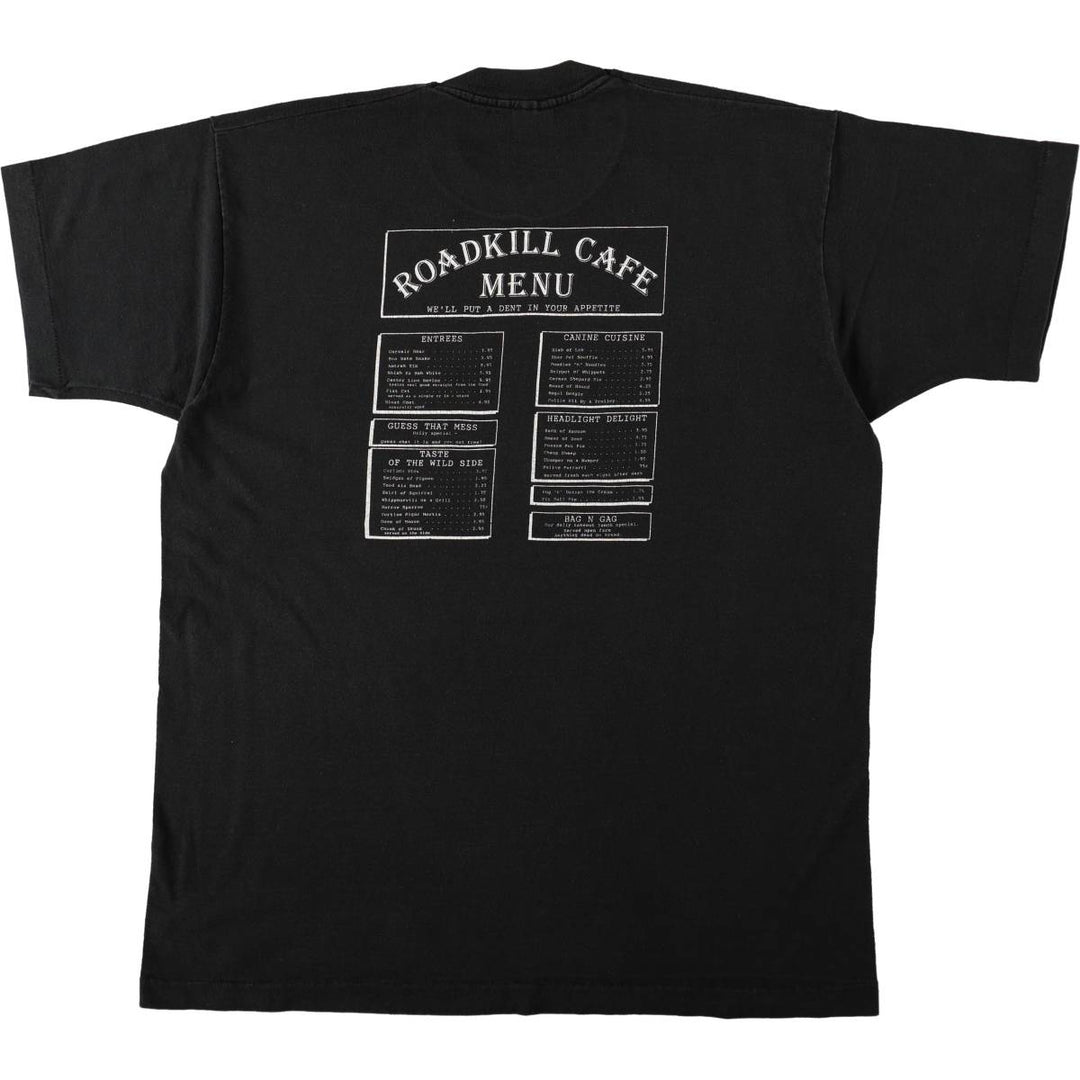 90'S Fruit of the Loom Roadkill Cafe advertising T-shirt, Made in USA, Men's XL equivalent. cotton black type Vintage Second Hand