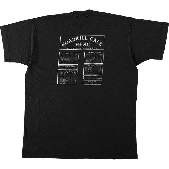 90'S Fruit of the Loom Roadkill Cafe advertising T-shirt, Made in USA, Men's XL equivalent. cotton black type Vintage Second Hand