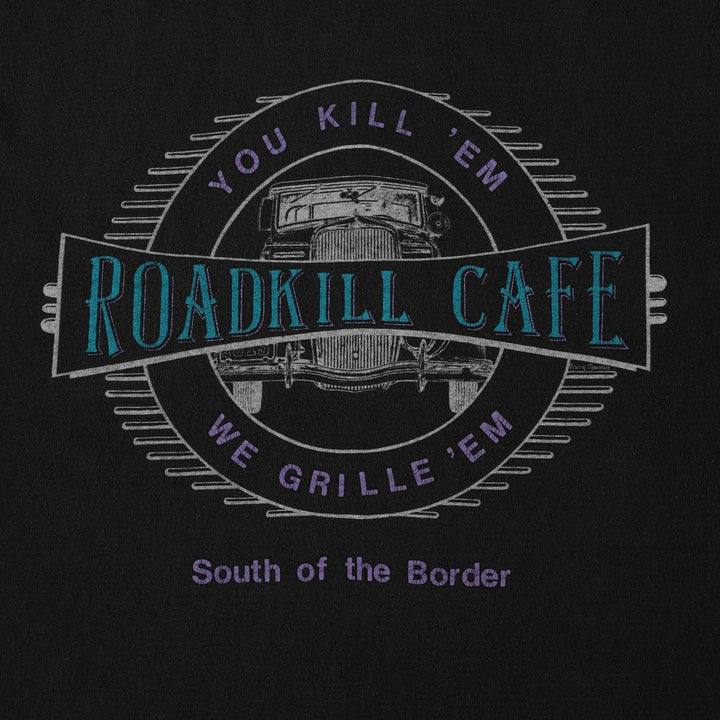 90'S Fruit of the Loom Roadkill Cafe advertising T-shirt, Made in USA, Men's XL equivalent. cotton black type Vintage Second Hand