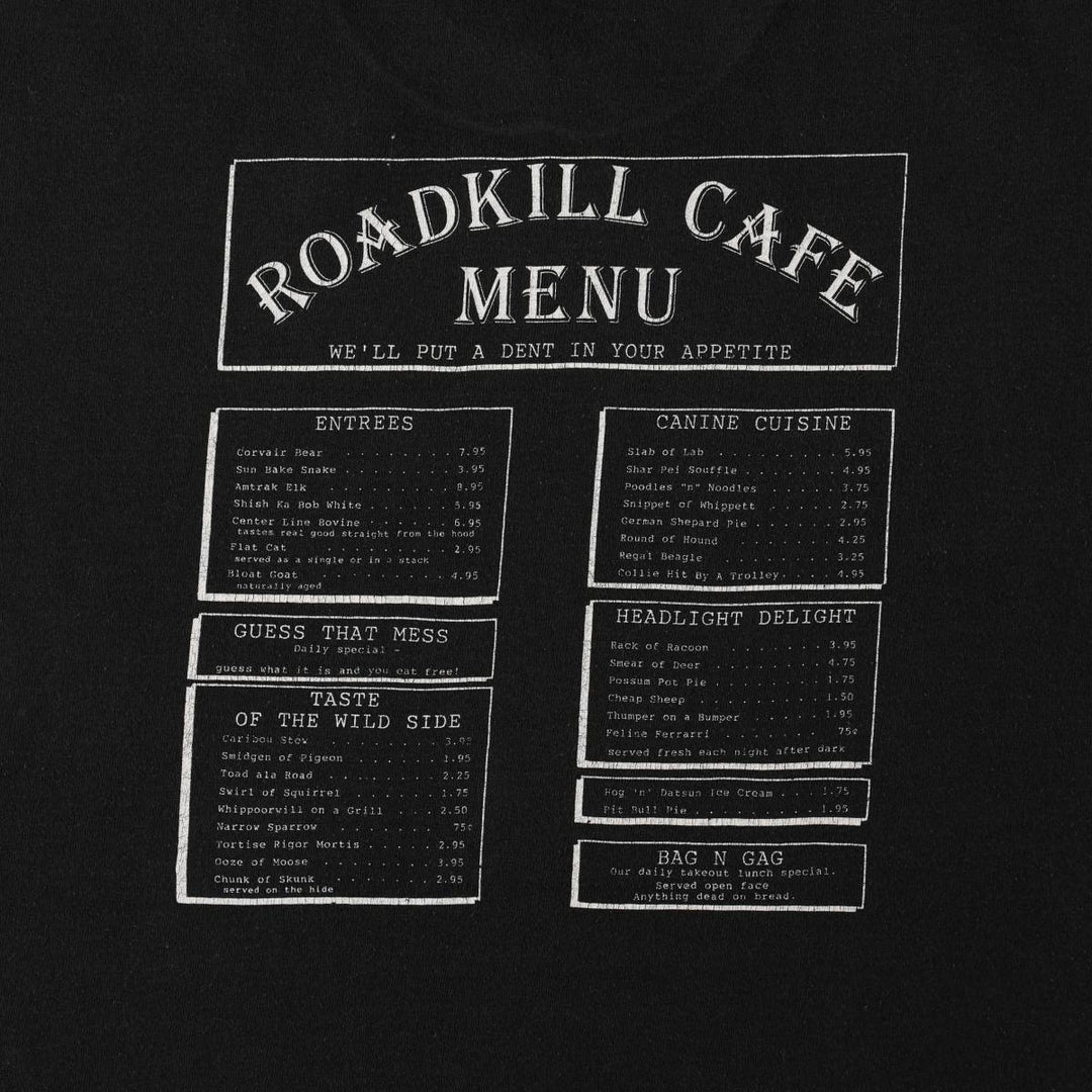 90'S Fruit of the Loom Roadkill Cafe advertising T-shirt, Made in USA, Men's XL equivalent. cotton black type Vintage Second Hand