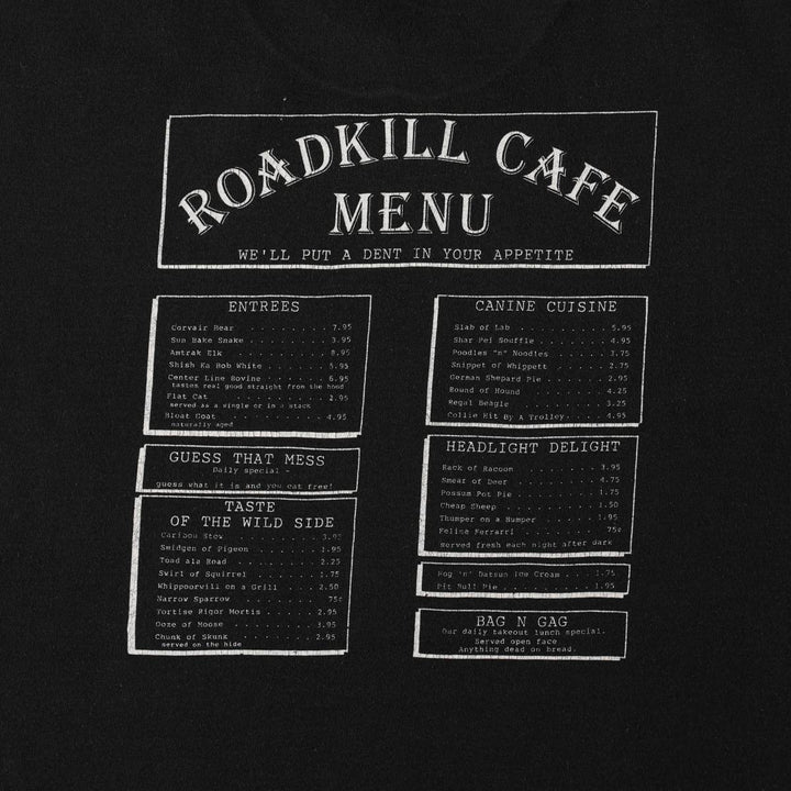 90'S Fruit of the Loom Roadkill Cafe advertising T-shirt, Made in USA, Men's XL equivalent. cotton black type Vintage Second Hand