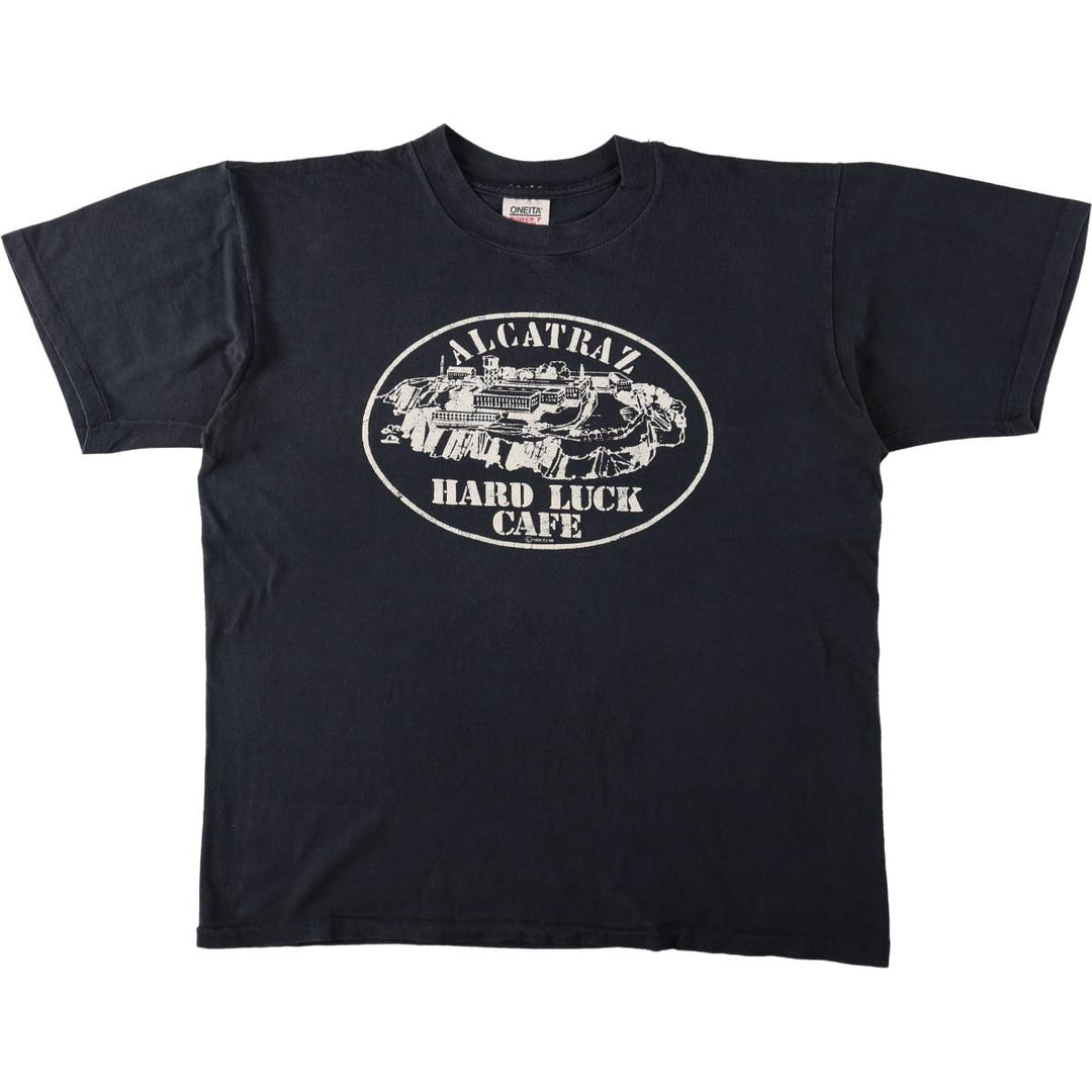 80'S ONEITA parody print T-shirt, Made in USA, Men's XL equivalent, Vintage cotton navy blue type Vintage Second Hand