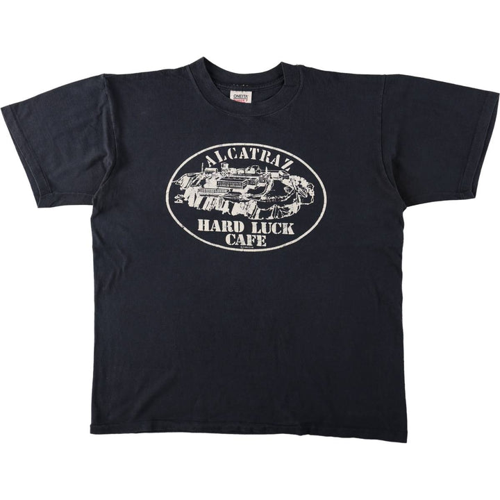 80'S ONEITA parody print T-shirt, Made in USA, Men's XL equivalent, Vintage cotton navy blue type Vintage Second Hand