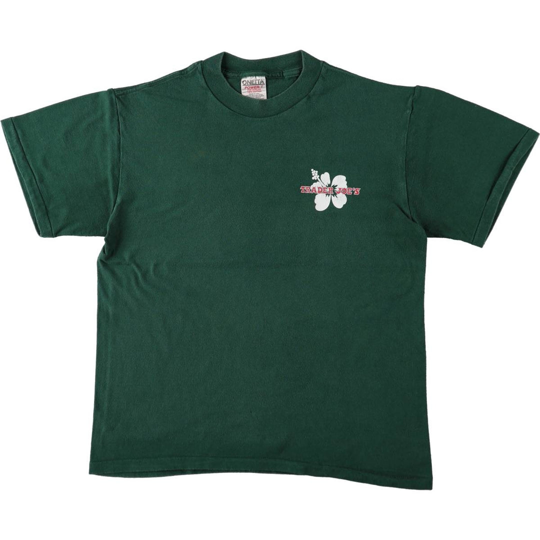 90'S ONEITA Trader Joe's Hibiscus Pattern Advertising T-Shirt, Made in USA, Men's Size M (Equivalent), Vintage cotton Green type dark green Vintage Second Hand