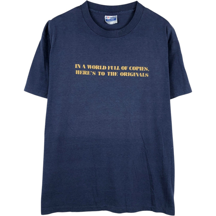 80'S Hanes Fifty-Fifty Blue Tag Message Print T-Shirt, Made in USA, Men's XL Equivalent, Vintage cotton navy blue type Vintage Second Hand