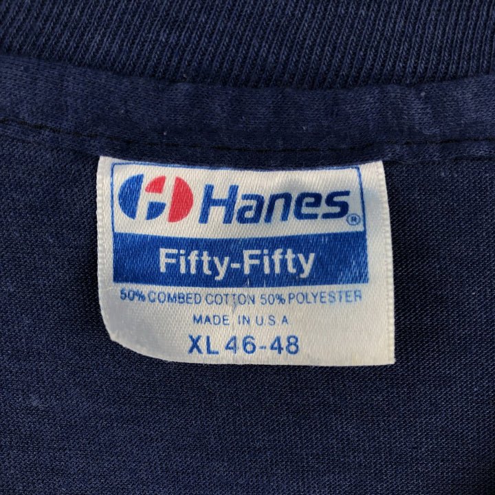 80'S Hanes Fifty-Fifty Blue Tag Message Print T-Shirt, Made in USA, Men's XL Equivalent, Vintage cotton navy blue type Vintage Second Hand
