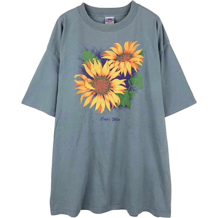 90'S HL Miller TOTAL TEE Cape May Floral Sunflower Art T-Shirt Made in USA Men's XXL equivalent Vintage cotton gray type Vintage Second Hand