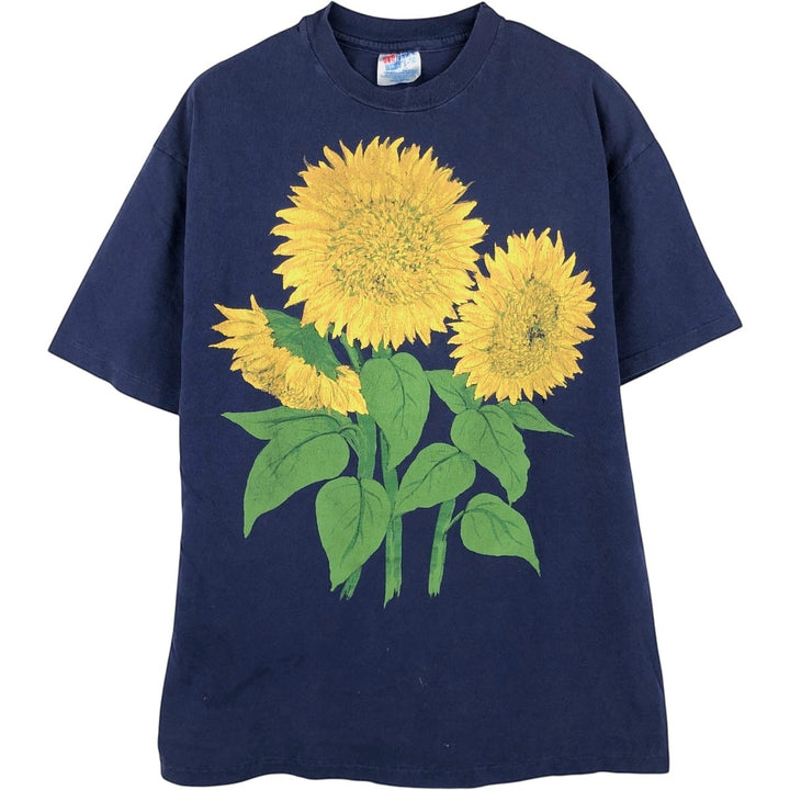 90s-00'S Hanes BEEFY-T Floral Art T-Shirt, Made in USA, Men's Size L (approx.), Vintage cotton navy blue type Vintage Second Hand
