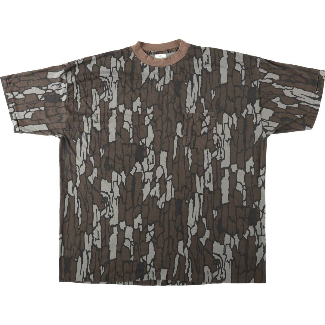 90'S Red Head Tree Bark Camo Pocket T-Shirt, Made in USA, Men's XL equivalent, Vintage polyester brown type Vintage Second Hand