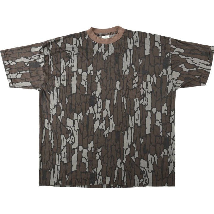 90'S Red Head Tree Bark Camo Pocket T-Shirt, Made in USA, Men's XL equivalent, Vintage polyester brown type Vintage Second Hand