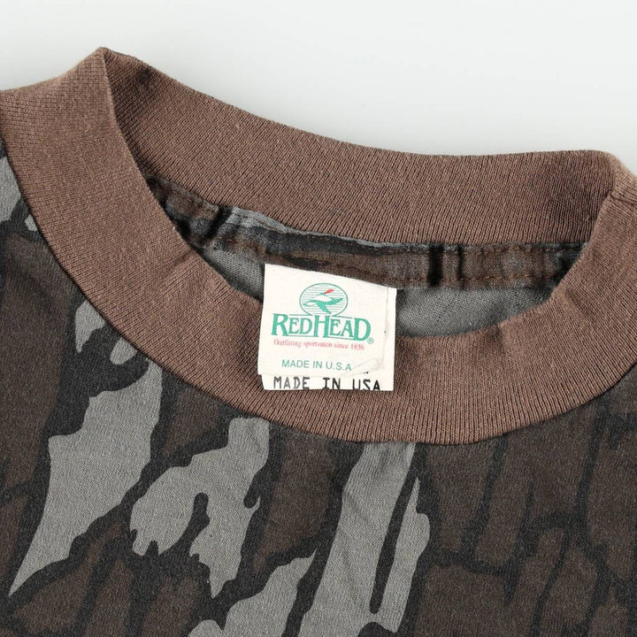 90'S Red Head Tree Bark Camo Pocket T-Shirt, Made in USA, Men's XL equivalent, Vintage polyester brown type Vintage Second Hand
