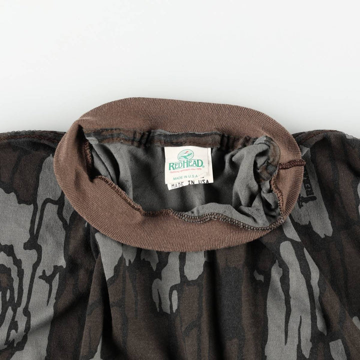 90'S Red Head Tree Bark Camo Pocket T-Shirt, Made in USA, Men's XL equivalent, Vintage polyester brown type Vintage Second Hand