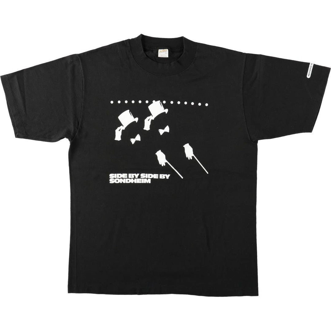 70s-80'S sportswear Side by Side by Sondheim printed T-shirt, made in USA, men's size L equivalent, vintage. cotton black type Vintage Second Hand