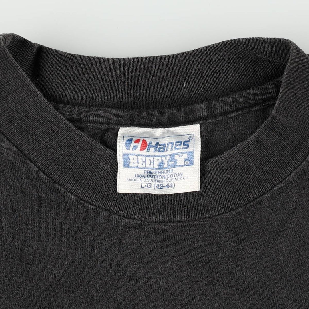 Hanes BEEFY-T Blue Tag Printed T-Shirt, Made in USA, Men's Size L (Equivalent), Vintage cotton black type Vintage Second Hand