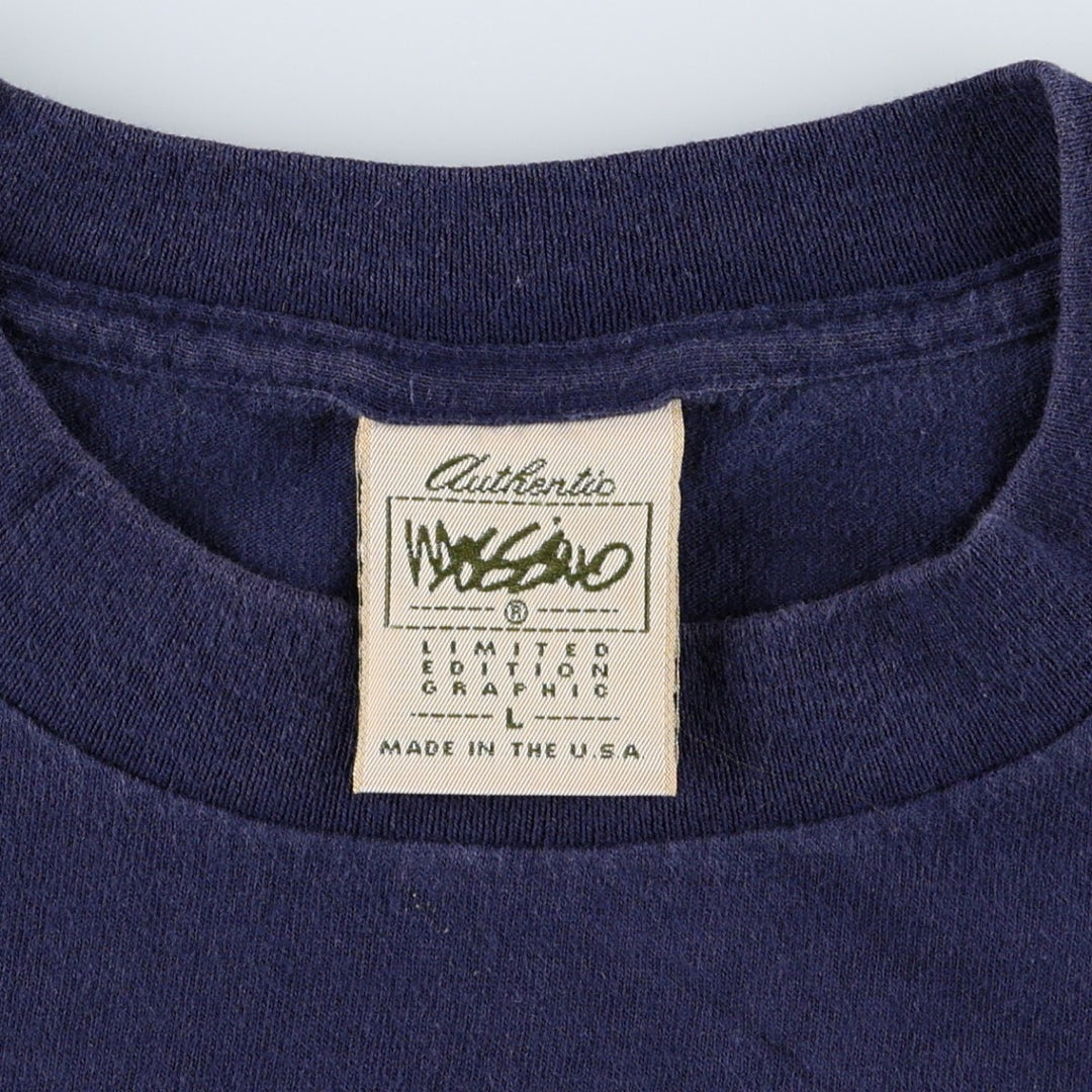 90'S MOSSIMO Print T-Shirt, Made in USA, Men's Size L (Equivalent), Vintage cotton navy blue type Vintage Second Hand
