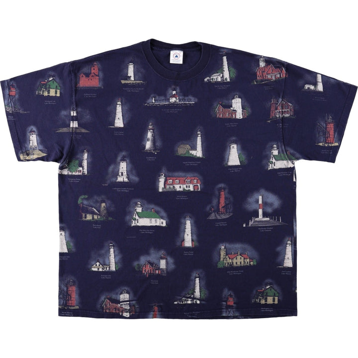 90'S Delta All-Over Print T-Shirt, Men's XXL (approx.), Vintage cotton navy blue type Vintage Second Hand
