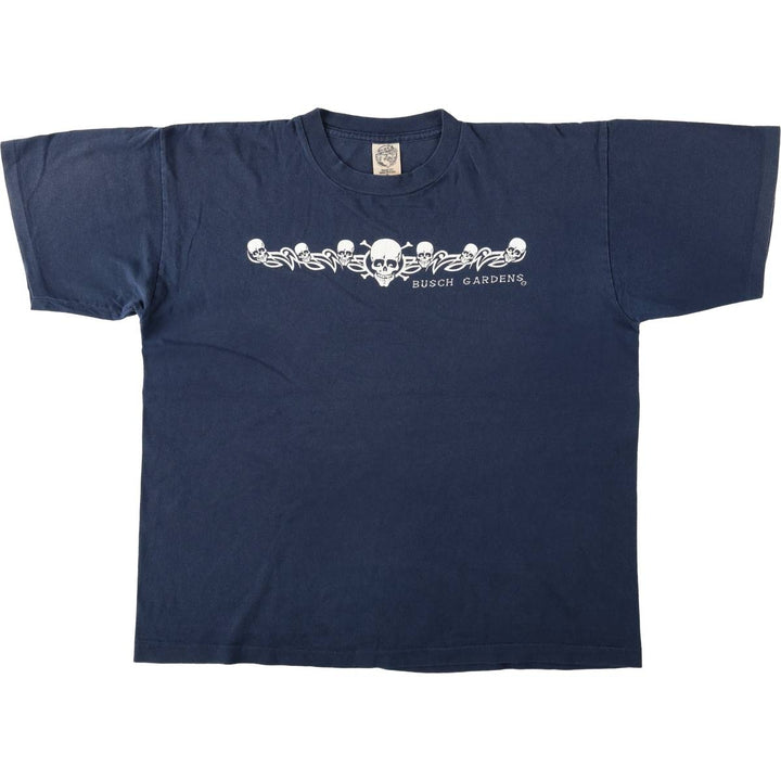 90'S EAGLE Bush Gardens Skull Pattern Tribal Print T-Shirt, Made in USA, Men's XL equivalent, Vintage cotton navy blue type Vintage Second Hand