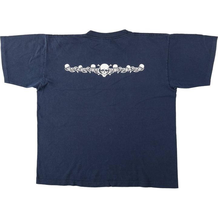 90'S EAGLE Bush Gardens Skull Pattern Tribal Print T-Shirt, Made in USA, Men's XL equivalent, Vintage cotton navy blue type Vintage Second Hand