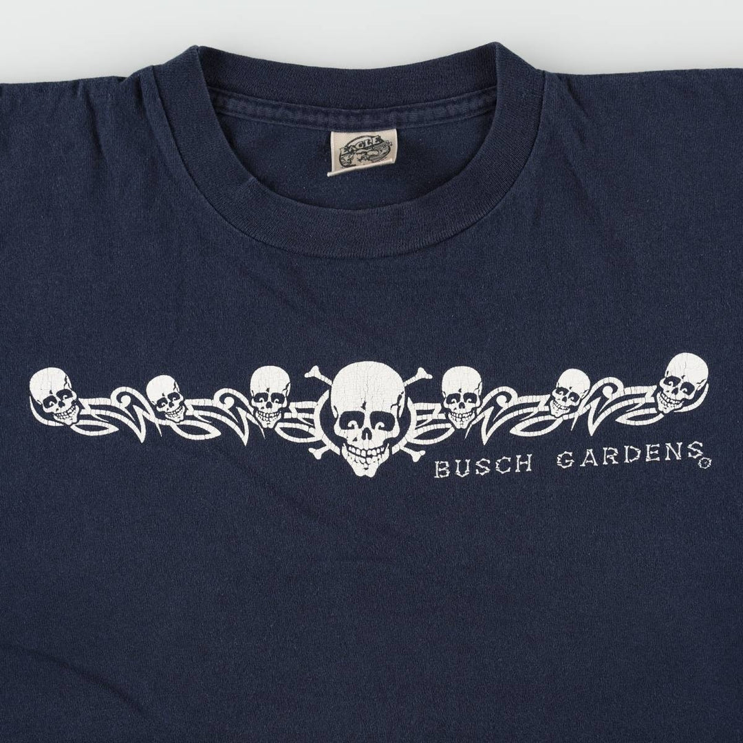 90'S EAGLE Bush Gardens Skull Pattern Tribal Print T-Shirt, Made in USA, Men's XL equivalent, Vintage cotton navy blue type Vintage Second Hand