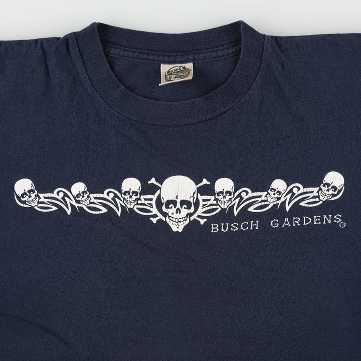 90'S EAGLE Bush Gardens Skull Pattern Tribal Print T-Shirt, Made in USA, Men's XL equivalent, Vintage cotton navy blue type Vintage Second Hand