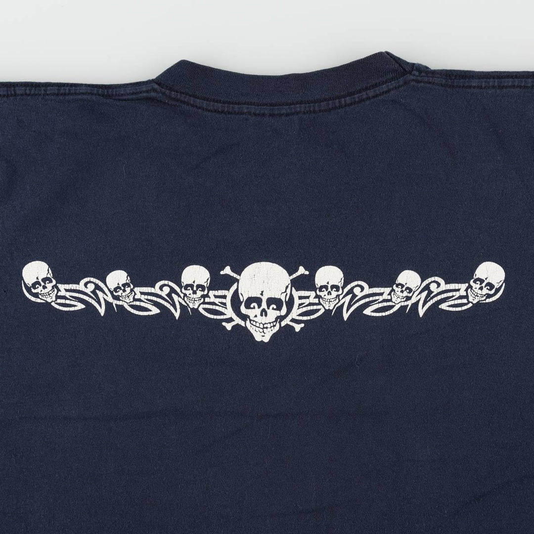 90'S EAGLE Bush Gardens Skull Pattern Tribal Print T-Shirt, Made in USA, Men's XL equivalent, Vintage cotton navy blue type Vintage Second Hand